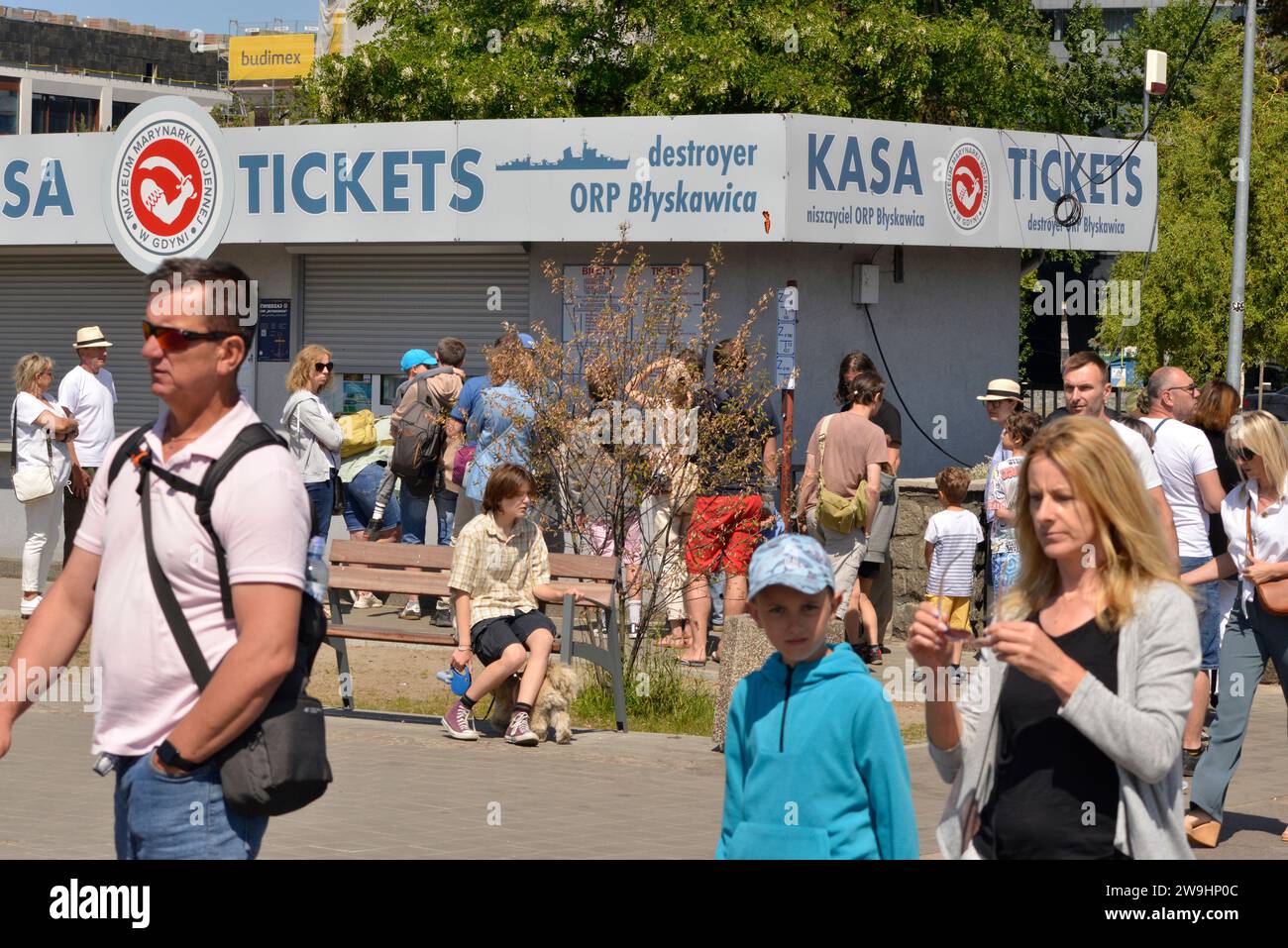 Tourists at the tickets sale point for visiting the ORP Blyskawica museum ship in Gdynia, Poland, Europe, EU Stock Photo