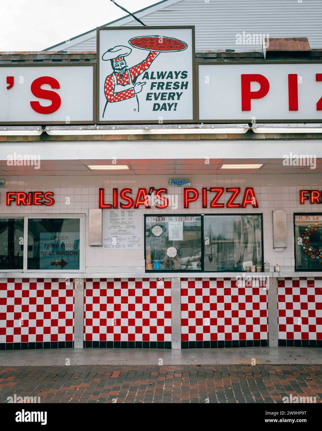 Lisas Pizza vintage neon signs, Old Orchard Beach, Maine Stock Photo