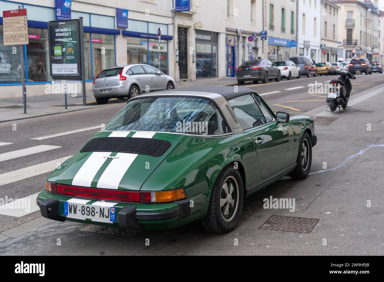 Nancy, France - Green Porsche 911S Targa parked on the street. Stock Photo
