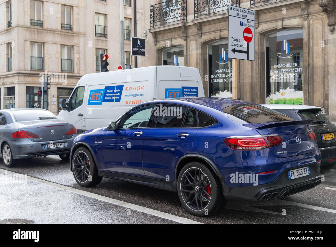 Nancy, France - Blue Mercedes-AMG GLC 63 S Coupé driving in a street. Stock Photo