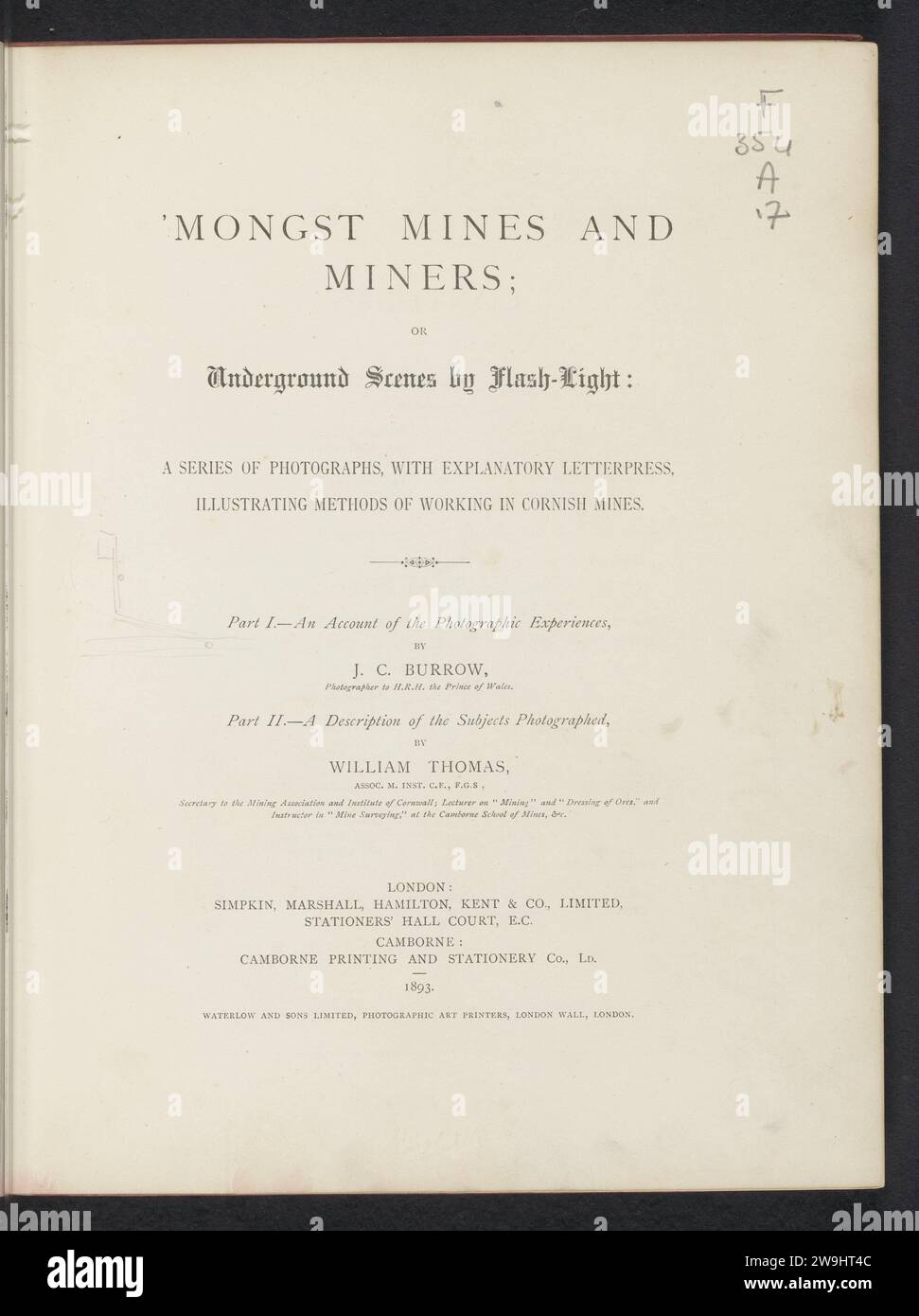 'Mongst mines and miners : underground scenes by flash-light : a series of photographs, with explanatory letterpress, illustrating methods of working in Cornish mines, 1893 book  publisher: Londonpublisher: Cambornepublisher: London linen (material). cardboard. paper. photographic support printing Stock Photo