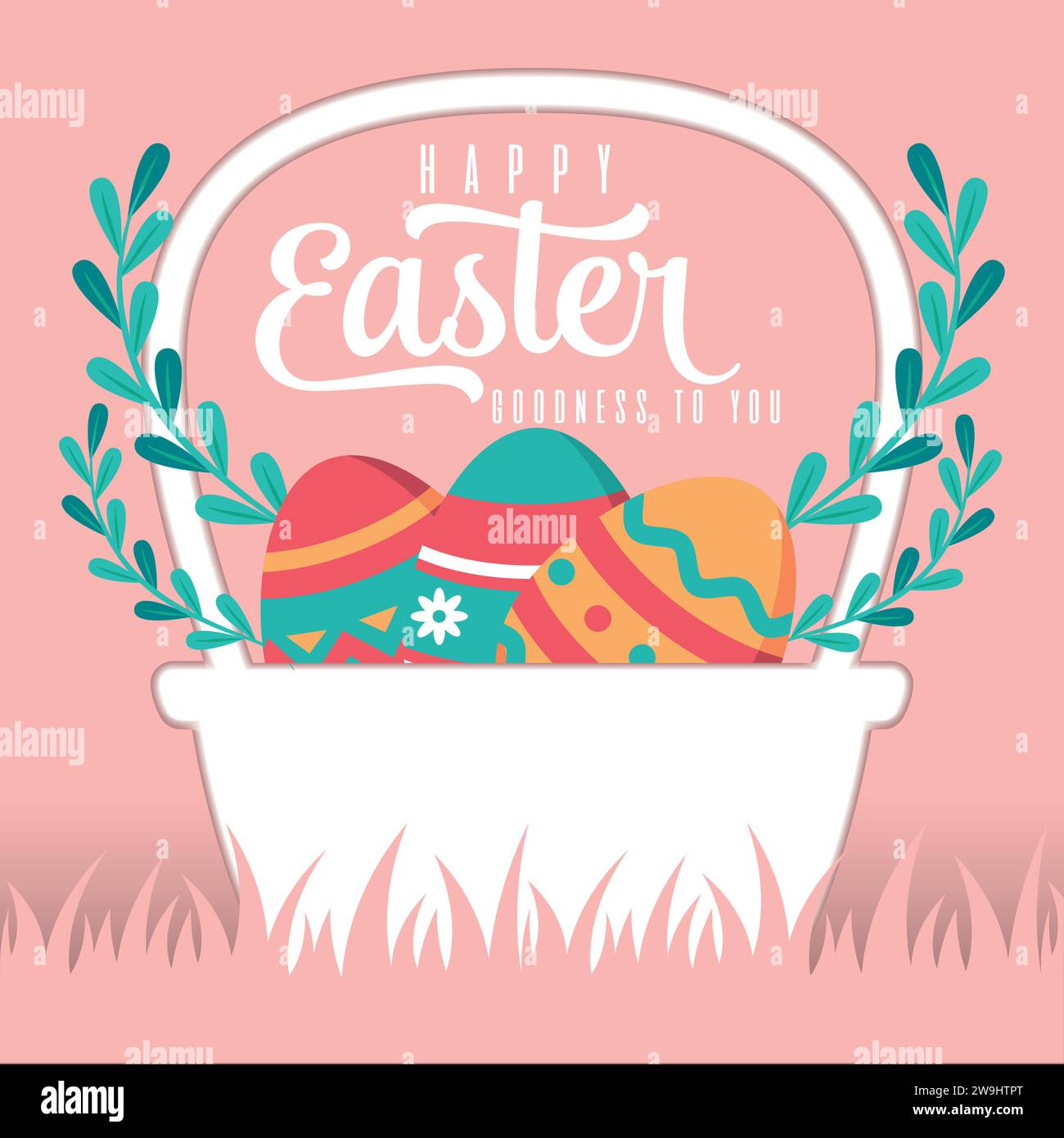 Colored happy easter template with basket full of eggs Vector Stock Vector