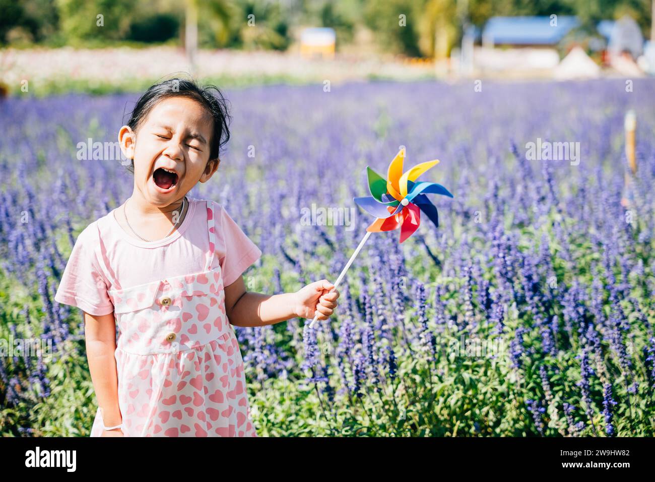 Portrait of a joyful girl in a flower garden holding a toy pinwheel ...