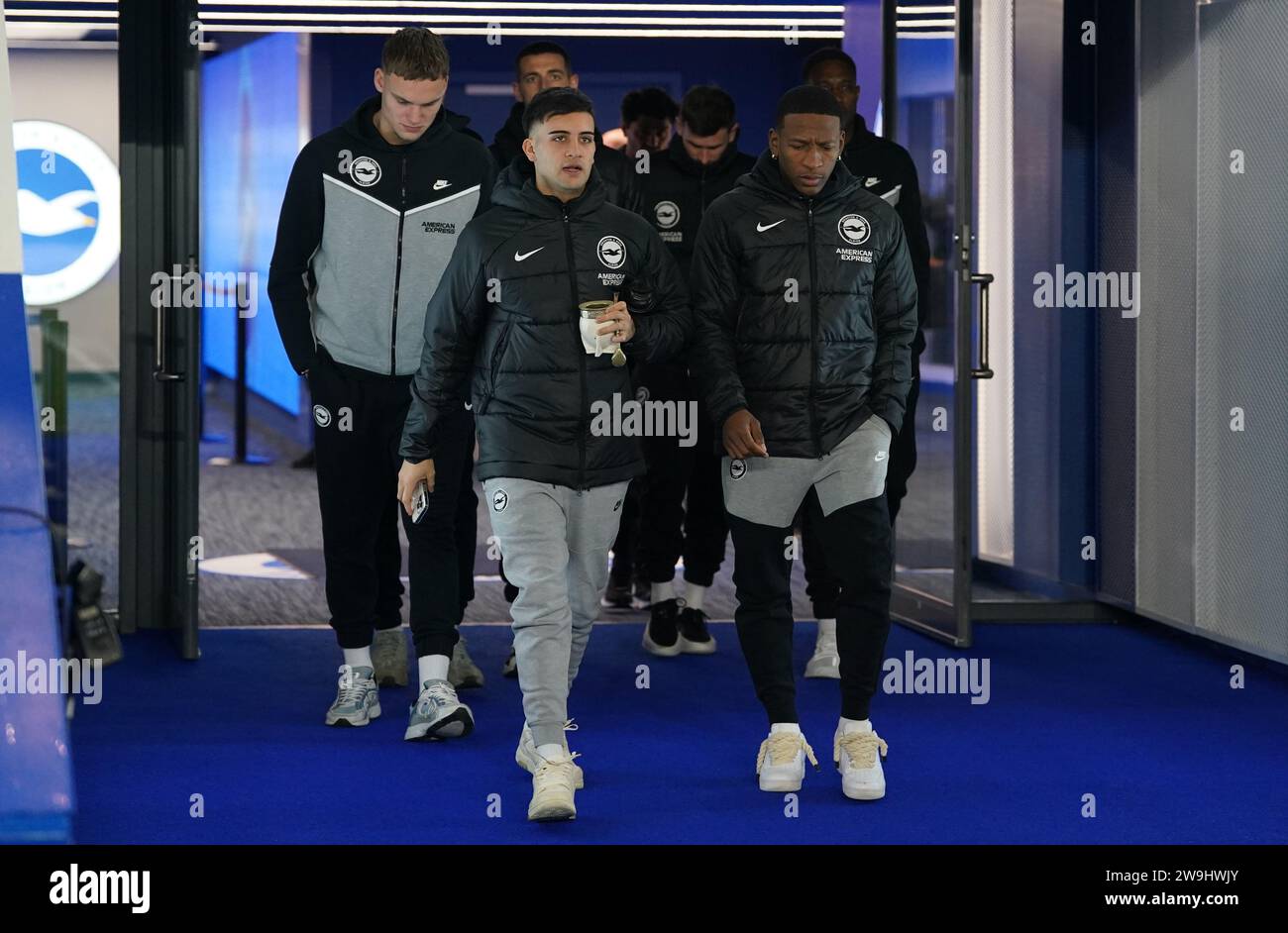 Brighton and Hove Albion players arrive for the Premier League match at the American Express Stadium, Brighton. Picture date: Thursday December 28, 2023. Stock Photo