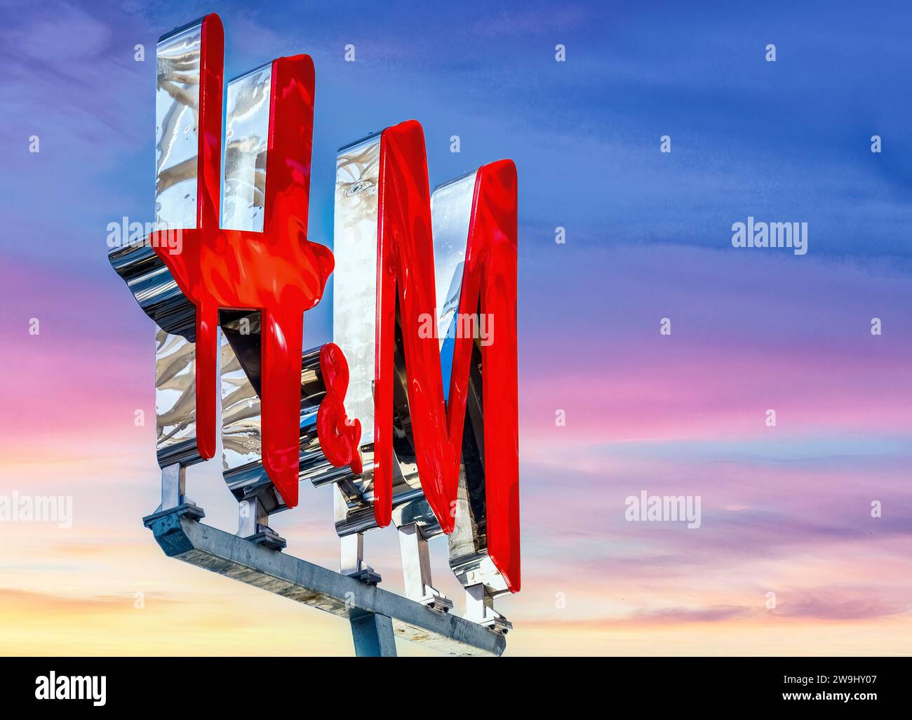Toronto, Ontario, Canada-September 6, 2019: H&M red store sign: A Swedish multinational retail-clothing company, known for its fast-fashion clothing f Stock Photo