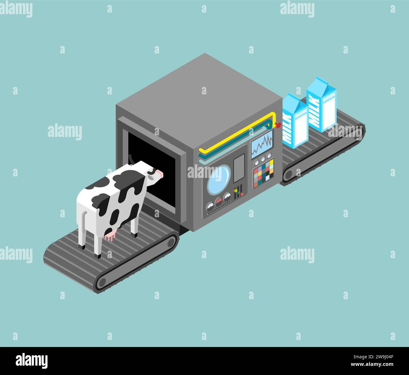 Automatic milk production. Cow and milk Production complex of technological equipment. Engineering vehicle isometric. Food production equipment. Stock Vector