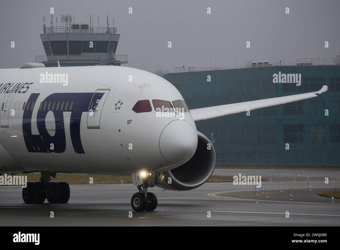 LOT Polish Airlines Boeing 787-9 aircraft close-up while taxiing for takeoff from Lviv International Airport, leaving for Warsaw Stock Photo