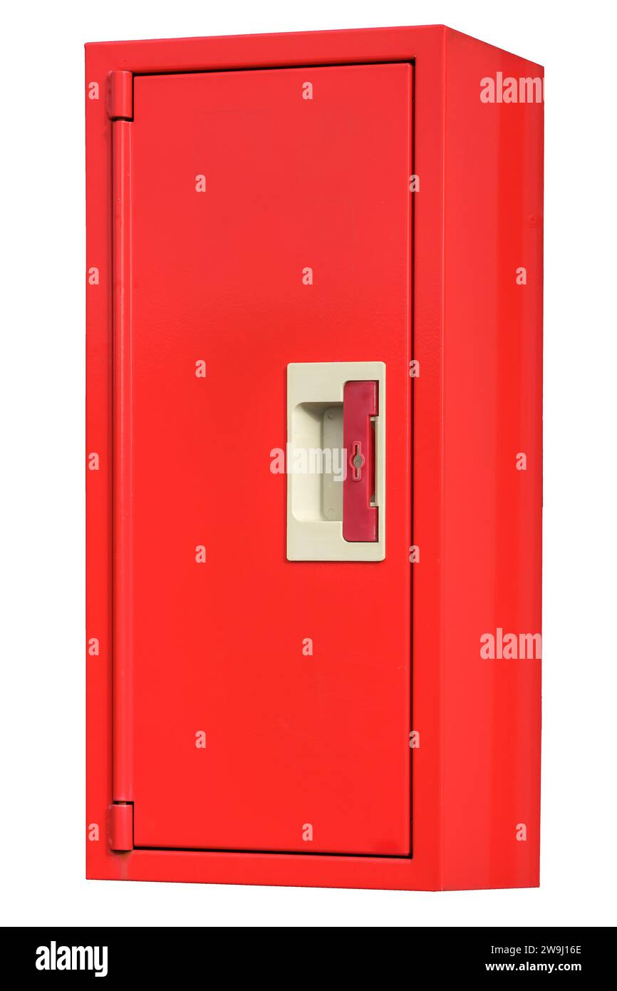 Red fire extinguisher box Isolated on white background with clipping