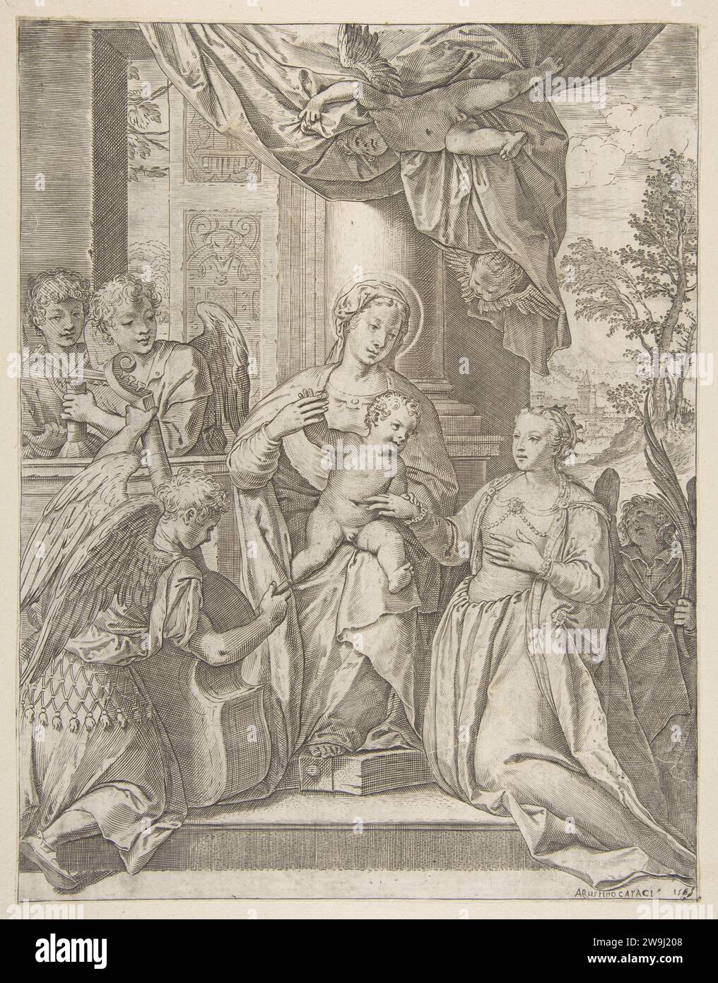 The mystic marriage of Saint Catherine who sits at center with the ...