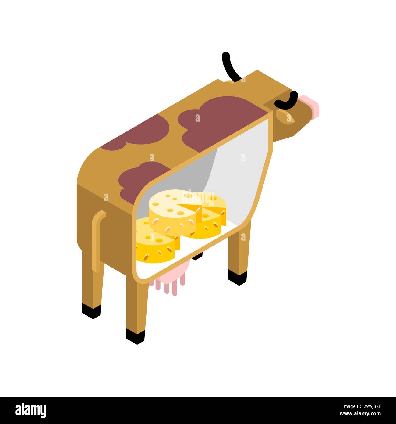 Inside cow there are dairy products. Cow and cheese and milk