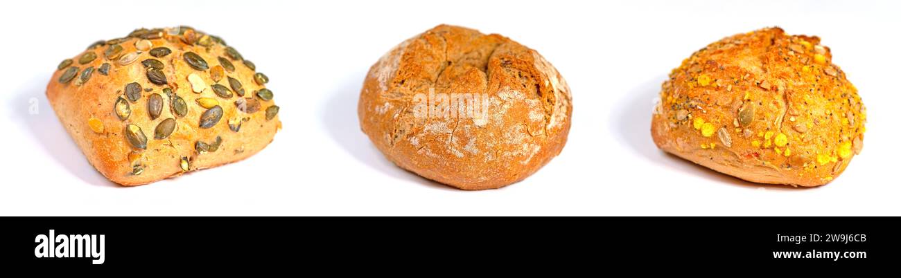 Various bread rolls against a white background Stock Photo