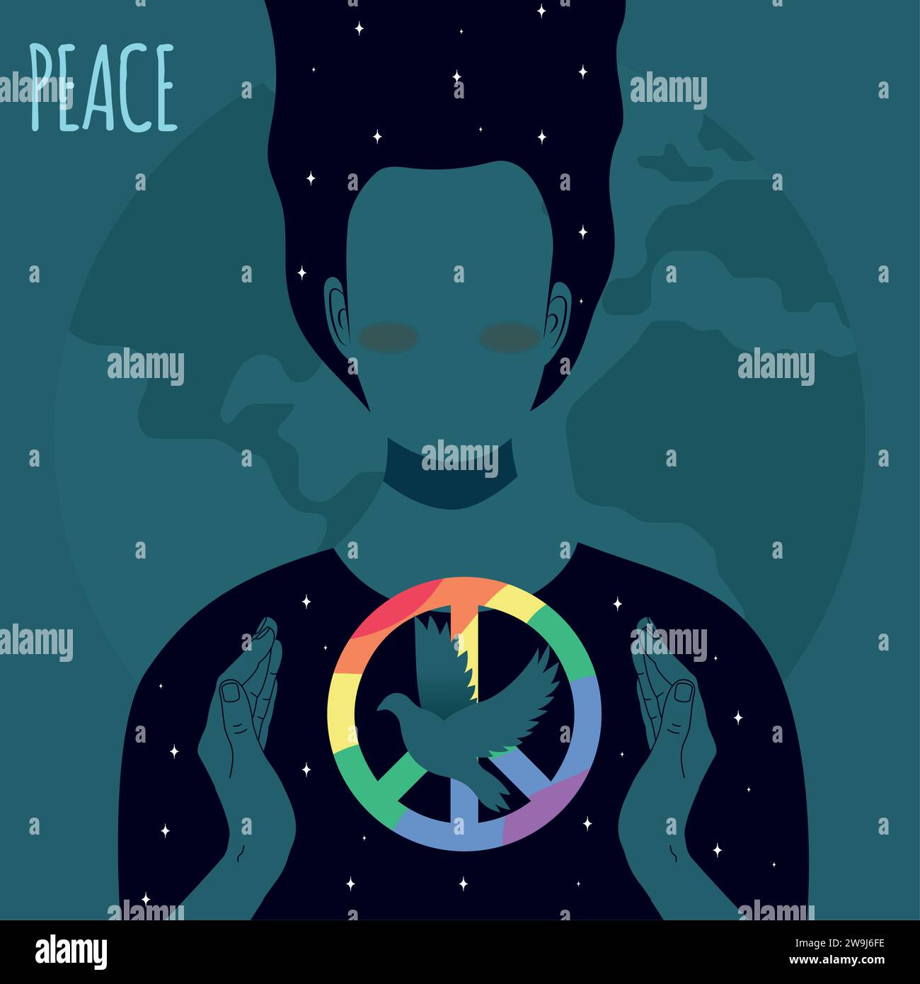 Cute girl character holding lgbt peace symbol with dove Vector Stock Vector