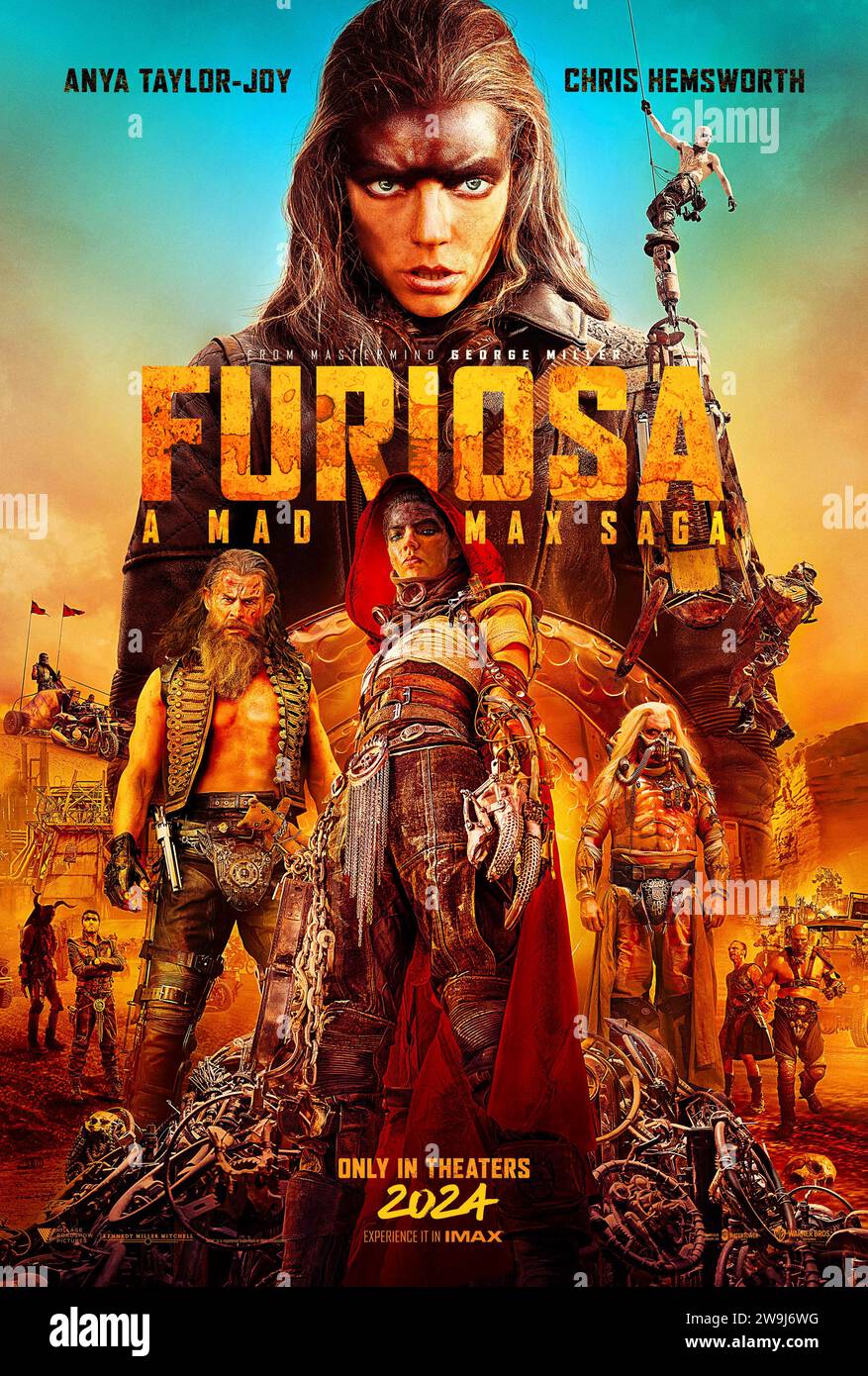 Furiosa: A Mad Max Saga (2024) directed by George Miller and starring Anya Taylor-Joy, Chris Hemsworth and Tom Burke. The origin story of renegade warrior Furiosa before her encounter and teamup with Mad Max. US one sheet poster ***EDITORIAL USE ONLY***. Credit: BFA / Warner Bros Stock Photo