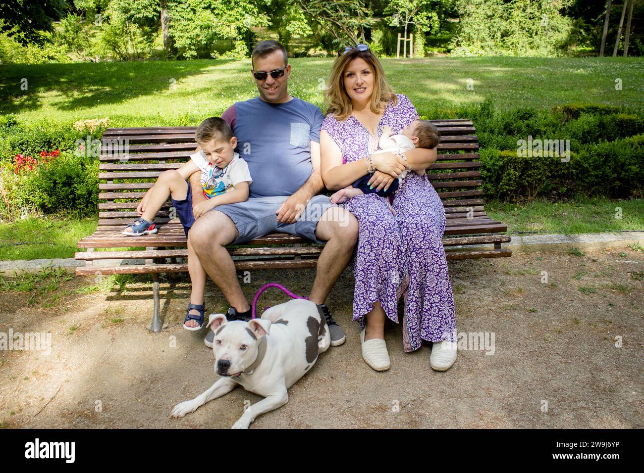 Family sitting on a bench with their stanford dog Stock Photo