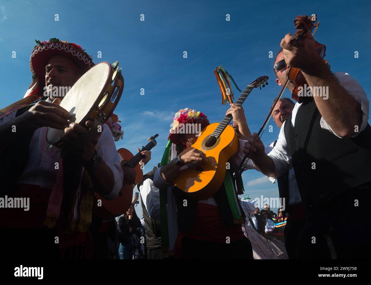 Fool Instrument People dressed in traditional costumes play instruments as they take ...