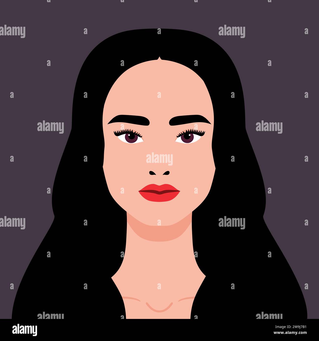 Portrait of a Beautiful young woman. Portrait or an avatar of a girl with long black hair and red lips. Vector illustration Stock Vector
