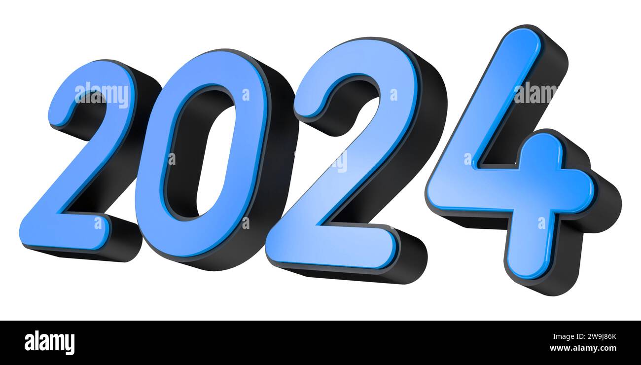 Happy new year, 2024 3D text render with black and blue effect, isolated on transparent background. 3D Illustration Stock Photo
