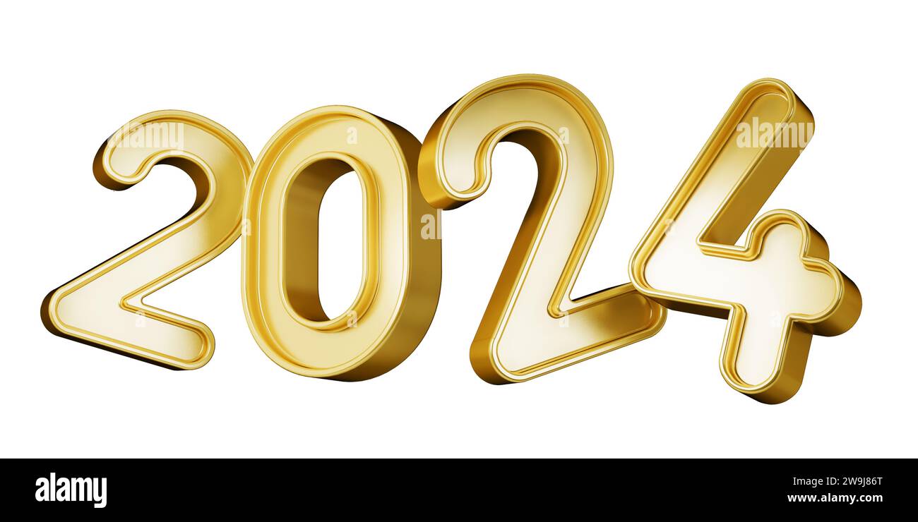 Happy new year, 2024 3D text render with gold effect, metallic, isolated on transparent background. 3D Illustration Stock Photo