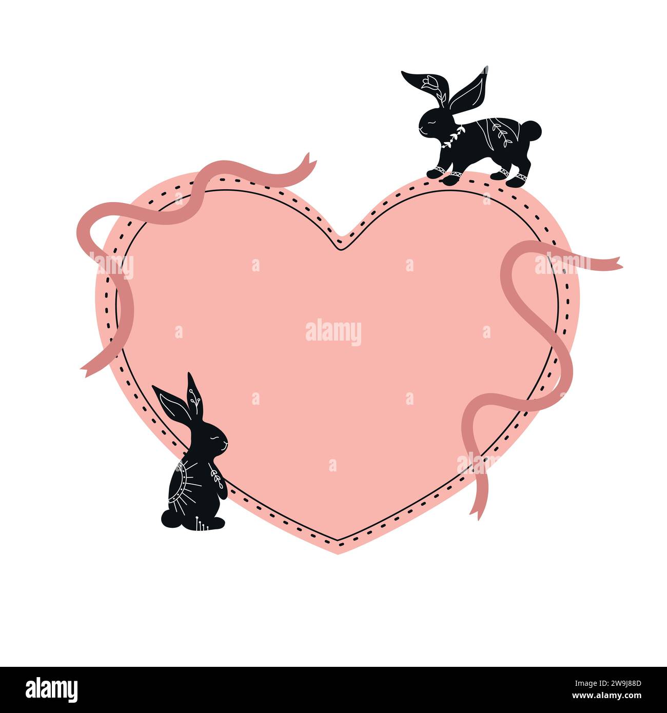 Heart template decorated with black rabbit silhouettes drawn in boho ...