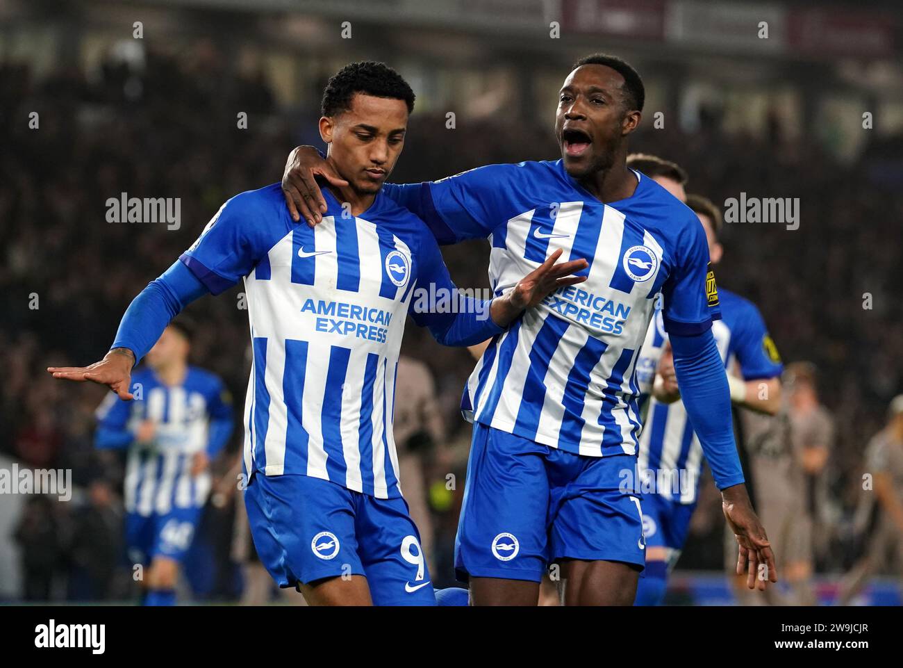 Brighton and Hove Albion's Joao Pedro (left) celebrates scoring their side's second goal of the game during the Premier League match at the American Express Stadium, Brighton. Picture date: Thursday December 28, 2023. Stock Photo