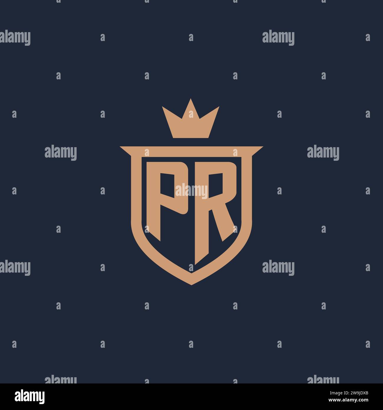 PR monogram initial logo with shield and crown style design ideas Stock Vector