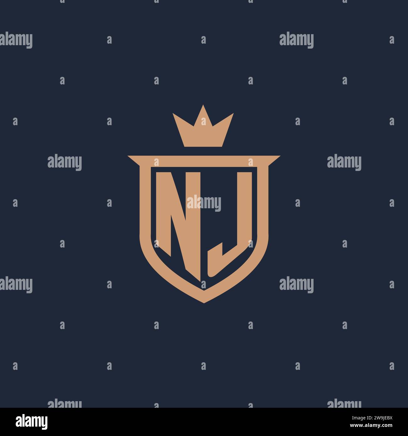 NJ monogram initial logo with shield and crown style design ideas Stock Vector