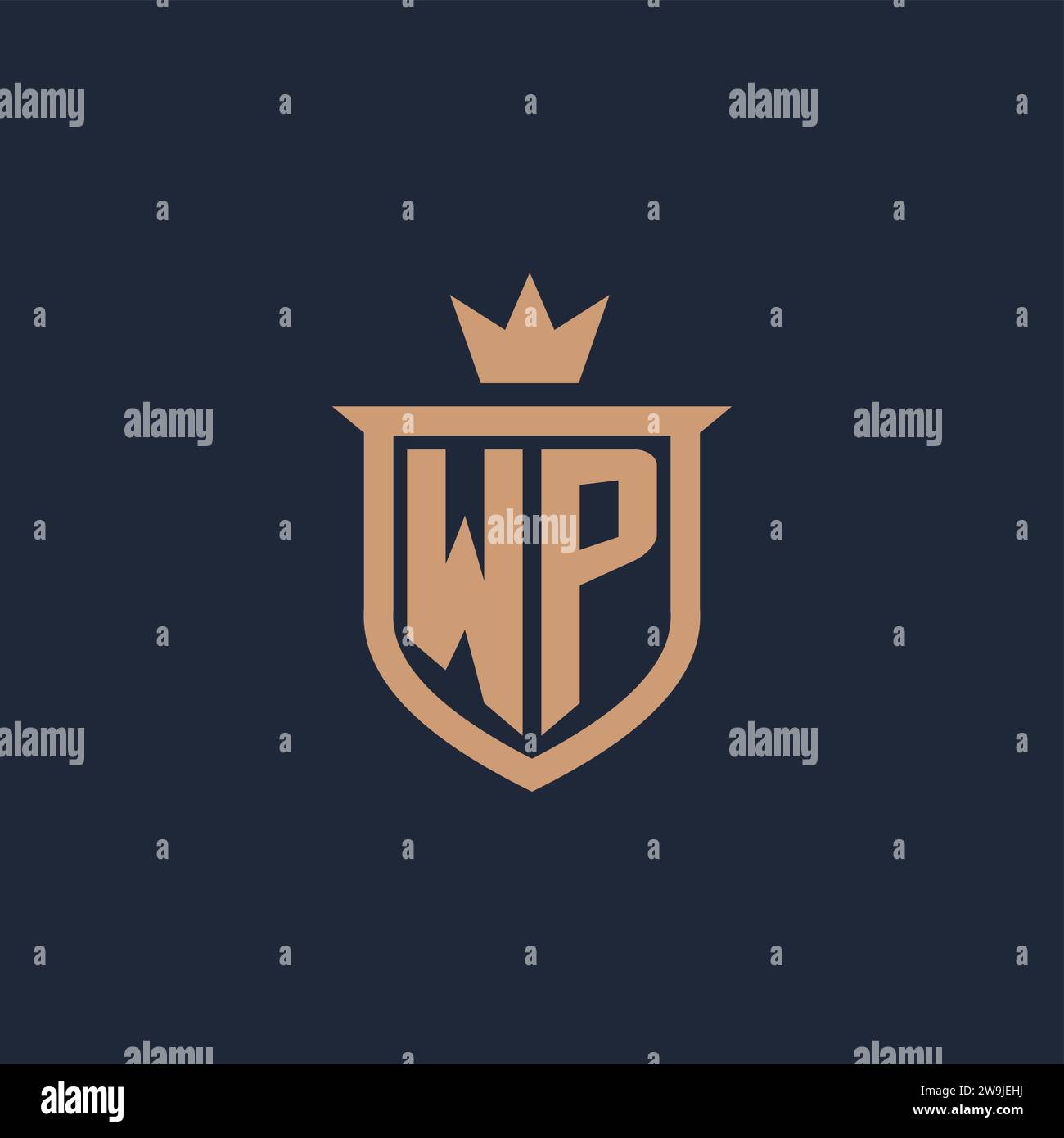 WP monogram initial logo with shield and crown style design ideas Stock Vector