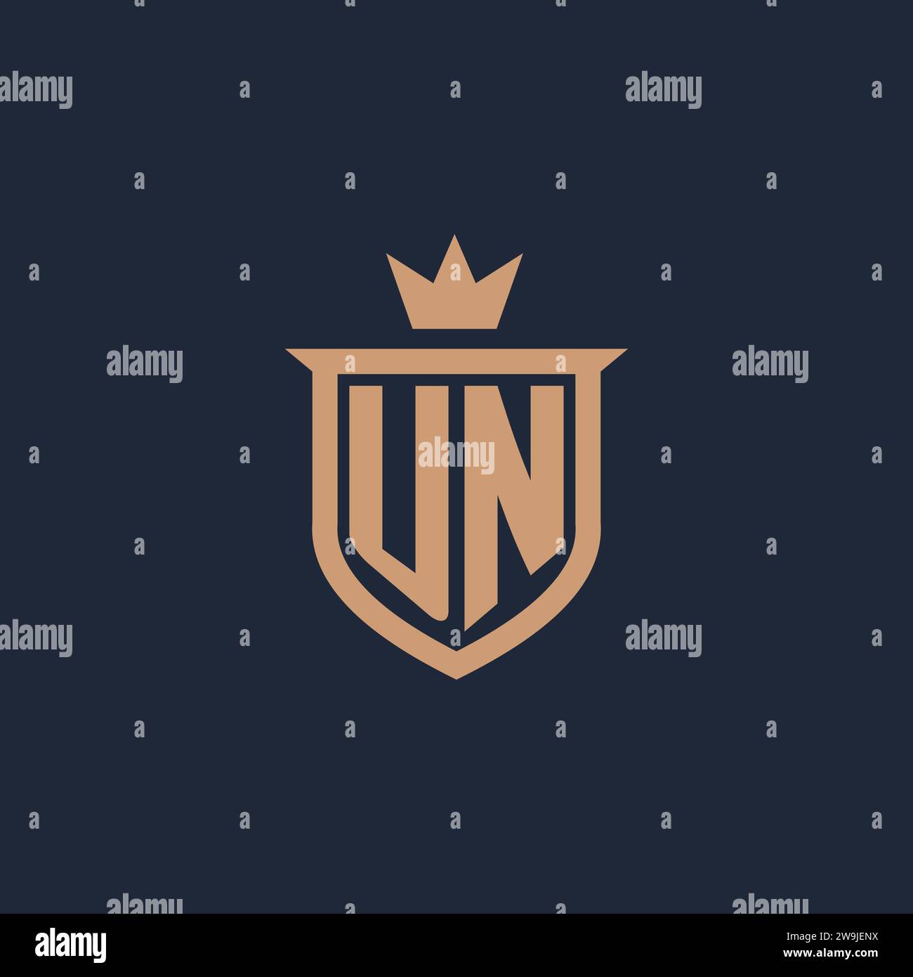 UN monogram initial logo with shield and crown style design ideas Stock Vector