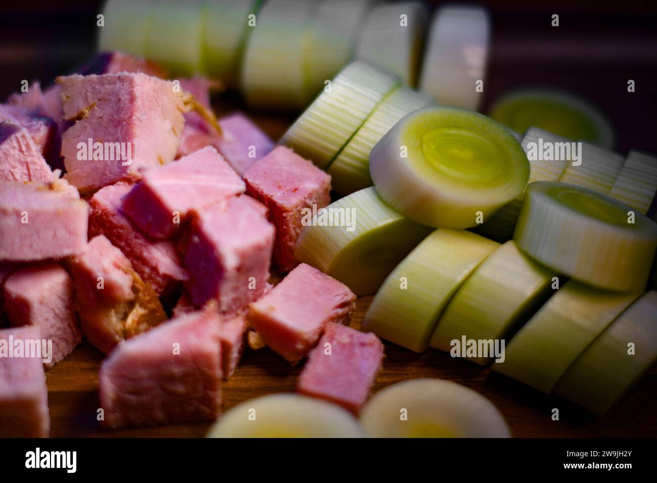 Chopped ham and leeks Stock Photo