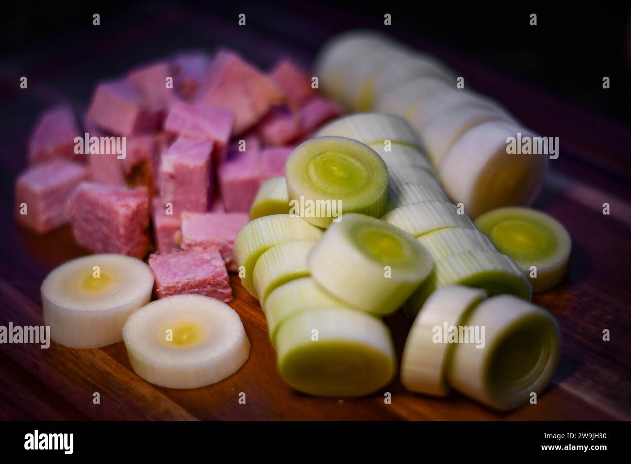 Chopped ham and leeks Stock Photo