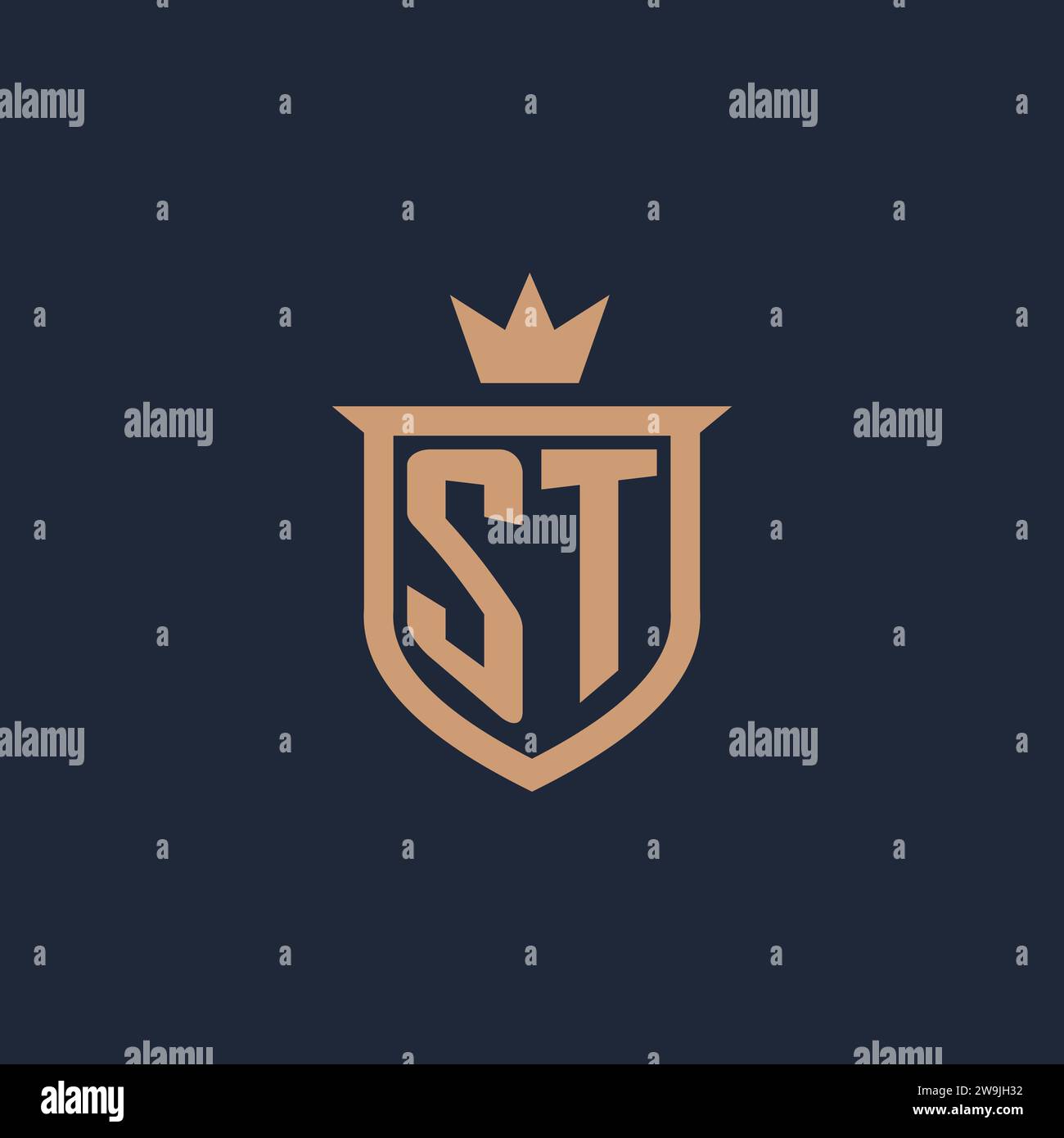 ST monogram initial logo with shield and crown style design ideas Stock Vector