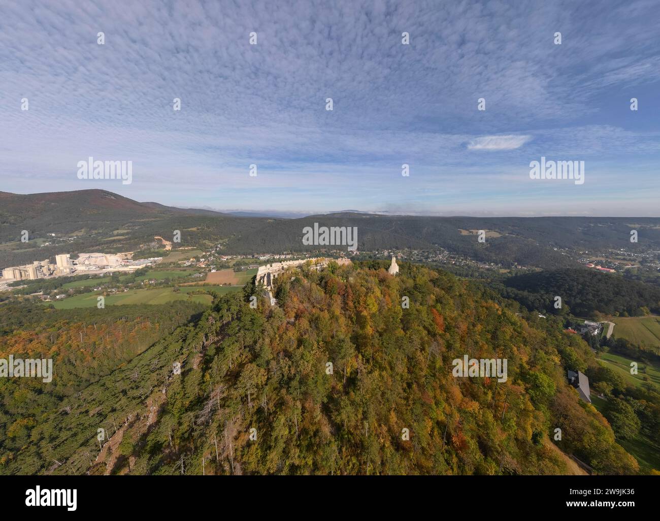 Aerial view of the Starhemberg ruins and the Wopfing cement works in the background, Markt Piesting, Lower Austria, Austria Stock Photo