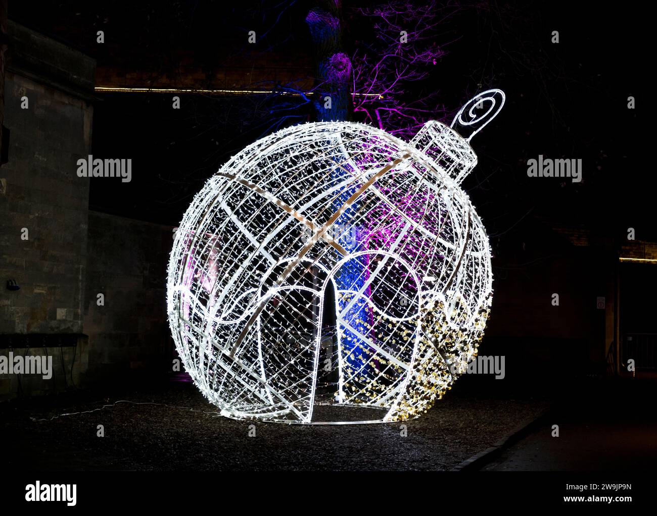 Large white illuminated Christmas tree bauble, Lincoln castle, Lincoln