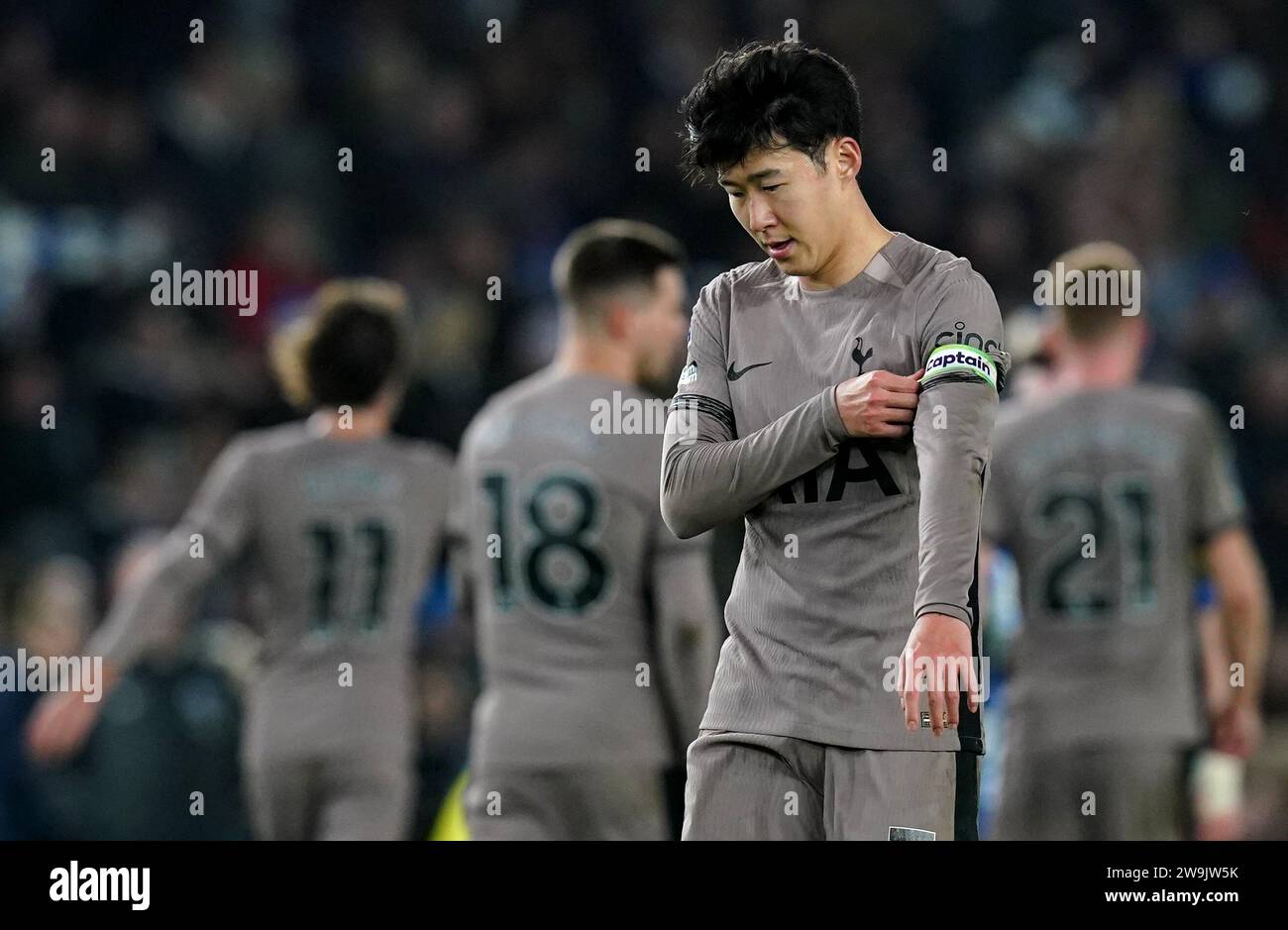 Tottenham Hotspur's Son Heung-Min looks dejected after the Premier League match at the American Express Stadium, Brighton. Picture date: Thursday December 28, 2023. Stock Photo