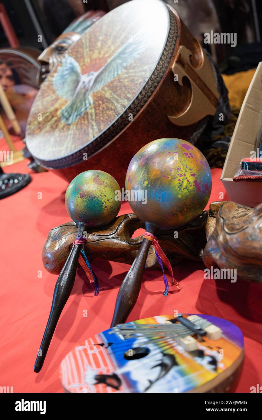 Variety of traditional percussion instruments maracas, large drum Stock
