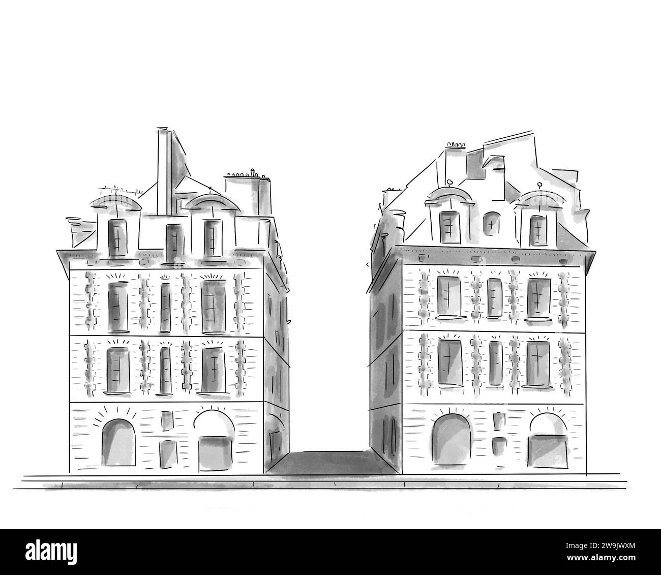 Illustration en noir et blanc de monument de Paris, Place Dauphine Stock Photo