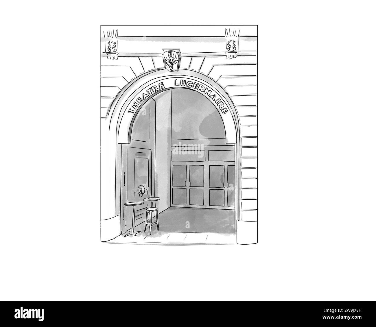 Illustration en noir et blanc de monument de Paris, théâtre le Lucernaire Stock Photo