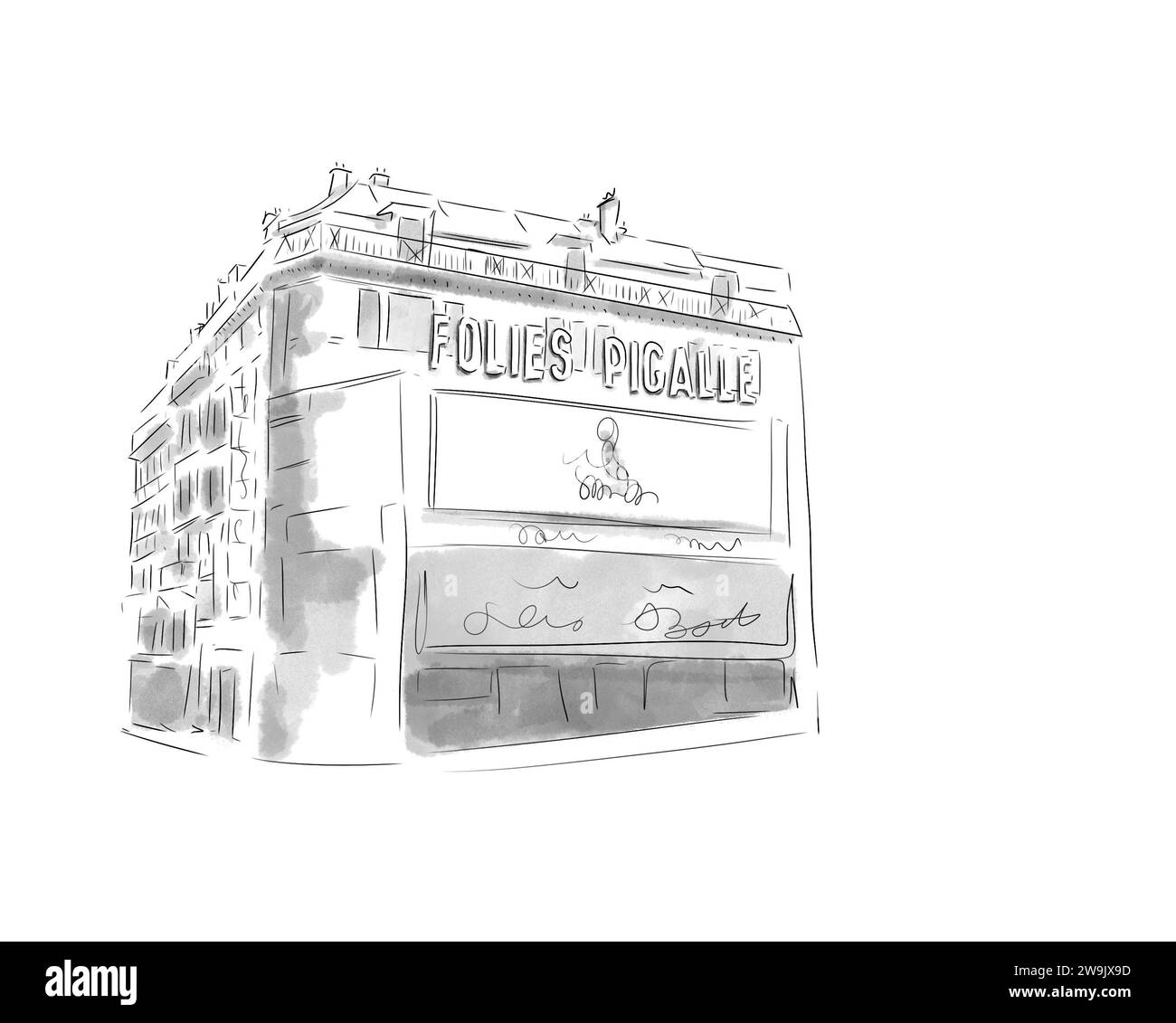 Illustration en noir et blanc de monument de Paris, Folies Pigalle Moulin Rouge Stock Photo