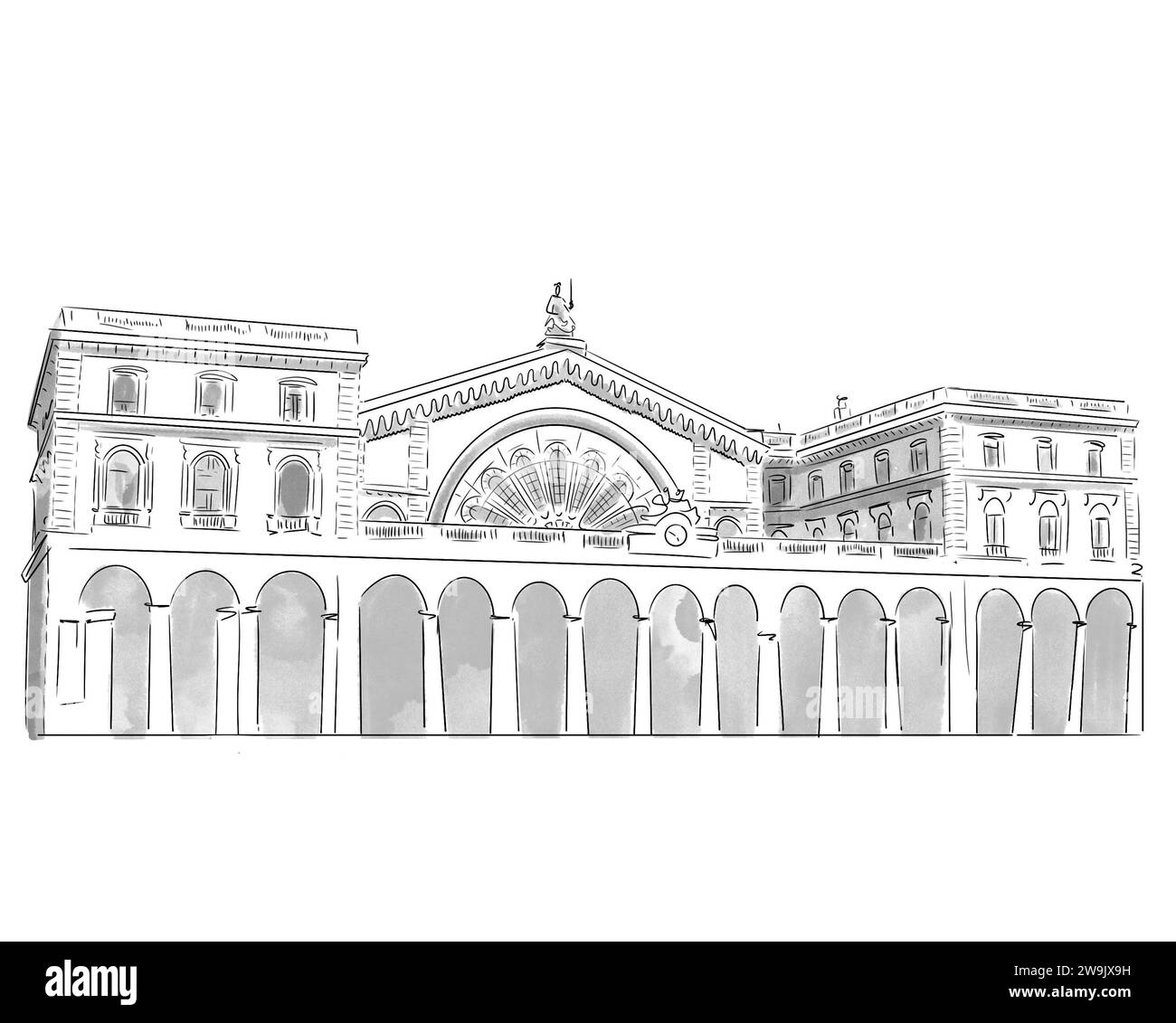 Illustration en noir et blanc de monument de Paris, Gare de l'est Stock Photo