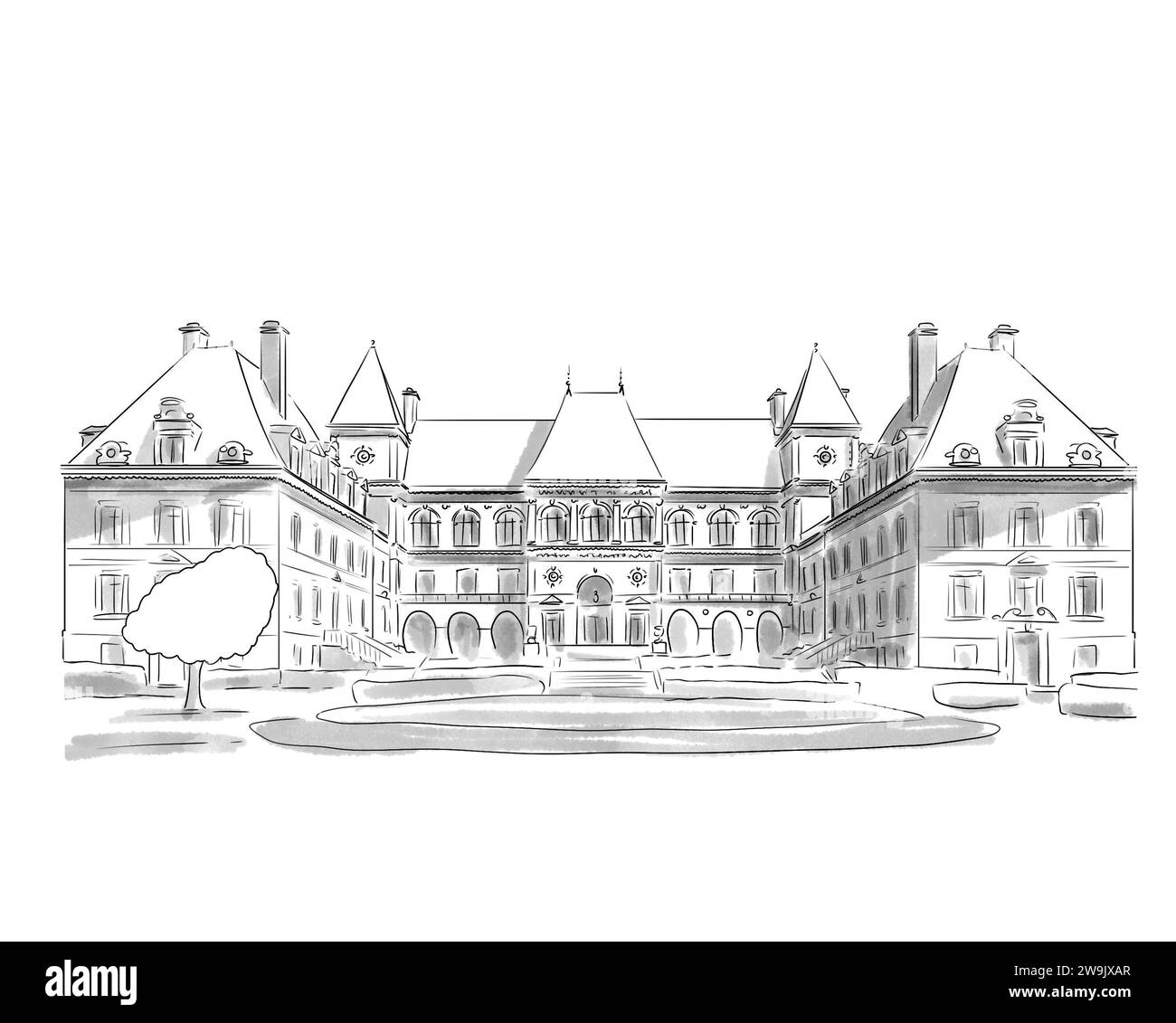 Illustration en noir et blanc de monument de Paris, Cité Universitaire Internationale Stock Photo