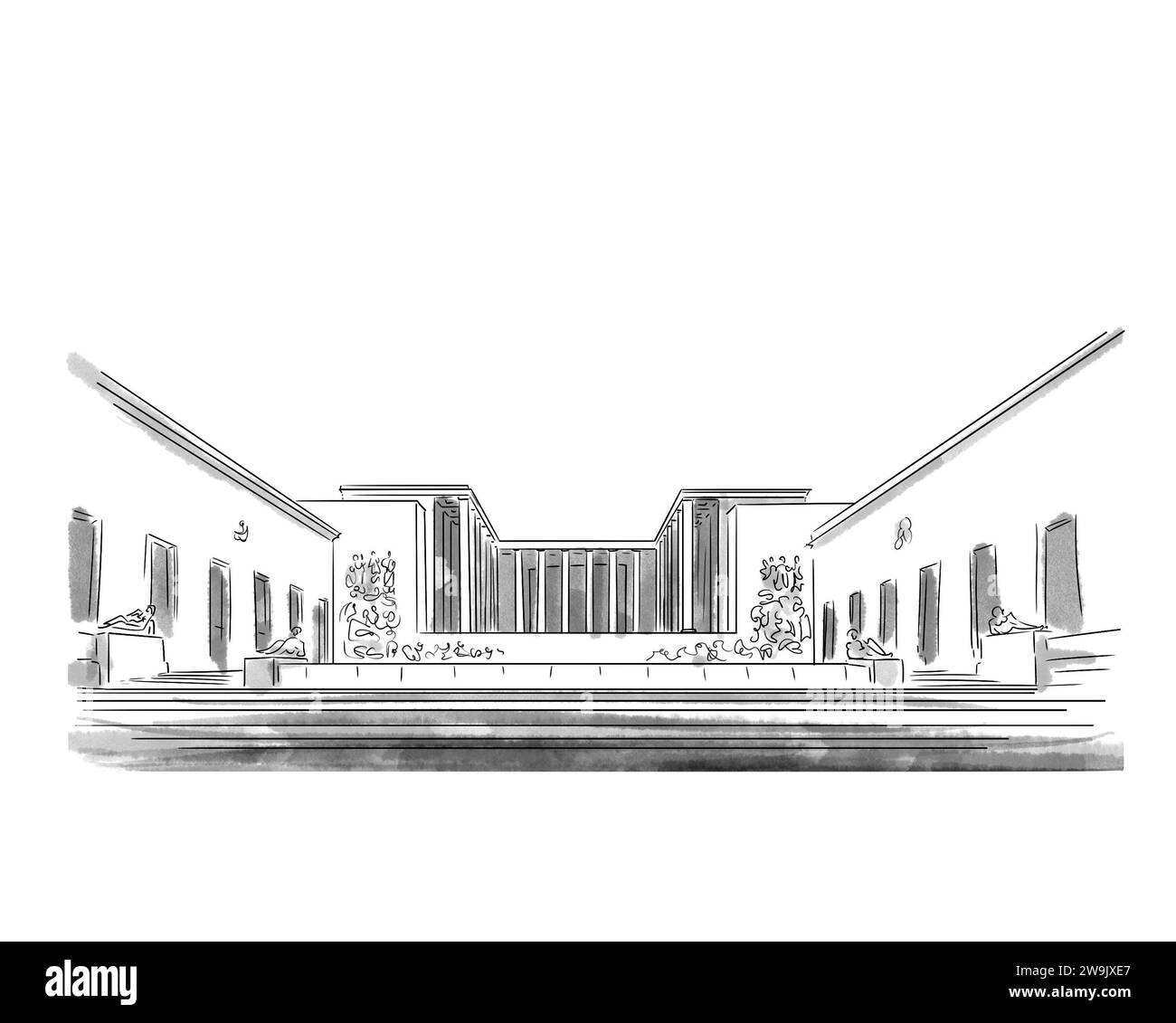 Illustration en noir et blanc de monument de Paris, Palais de Tokyo Stock Photo
