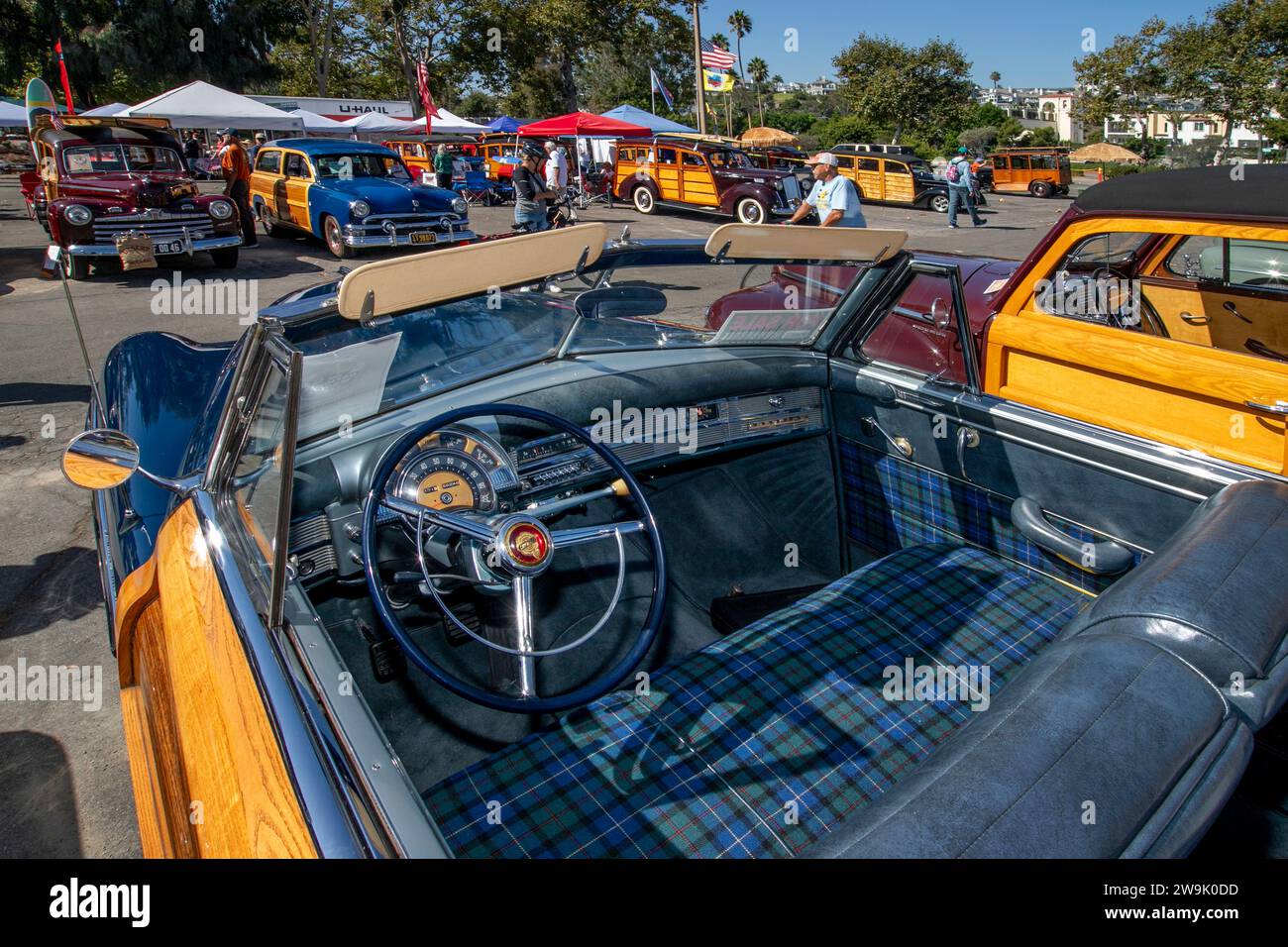 The interior of a 1947 Chrysler Town and Country convertible is on display at a 'woody' vintage car rally in Dana Point, CA. Stock Photo