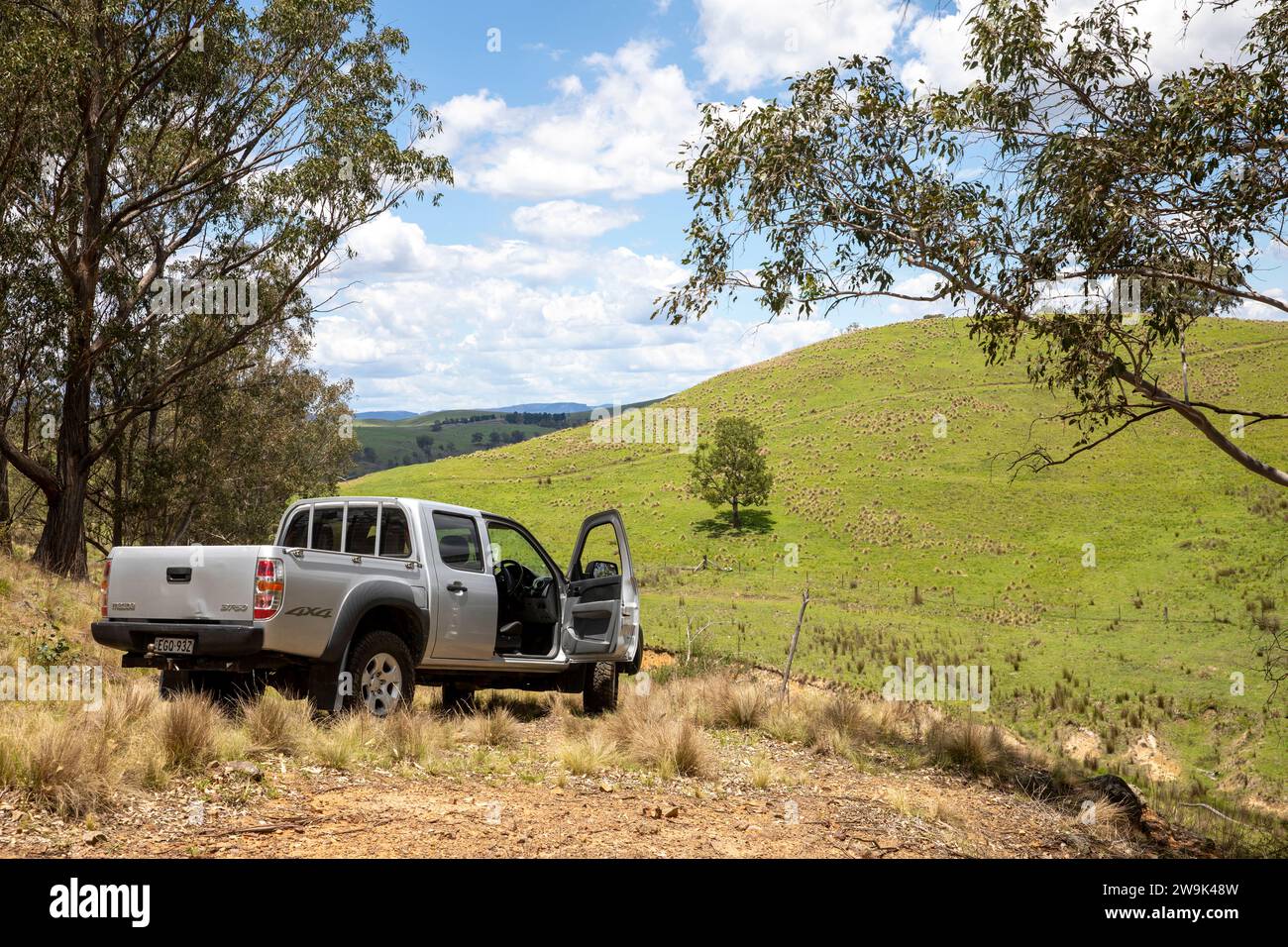 Australian landscape driving off road in the bush in Mazda BT50 ute utility vehicle,Central West NSW,Australia Stock Photo