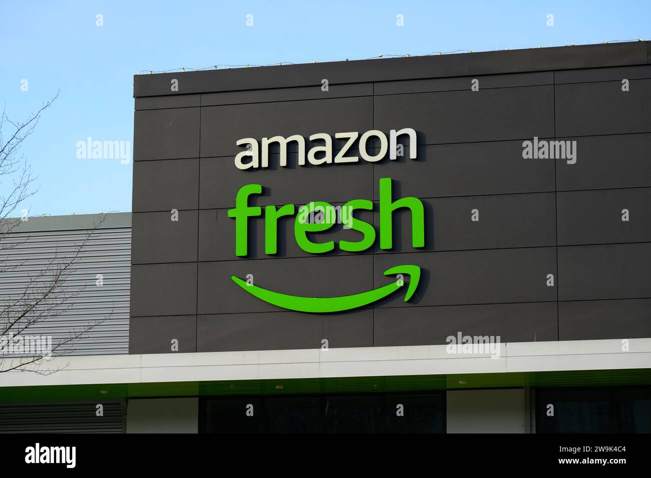 Bellevue, WA, USA December 10, 2023; Sign on wall of amazon fresh