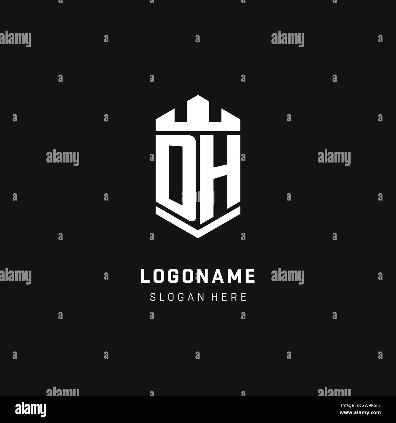 DH monogram logo initial with crown and shield guard shape style vector graphic Stock Vector