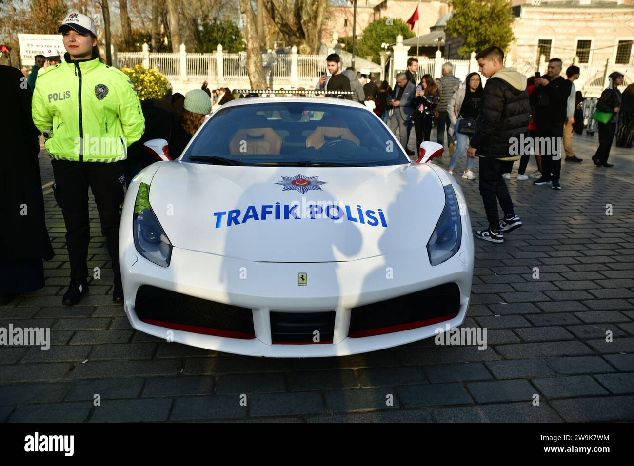 Ferrari Police car, supercar. Ferrari seized from criminal organizations became police car Ferrari 488 GTB   Istanbul Sultanahmet Square 12 27 2023 Stock Photo