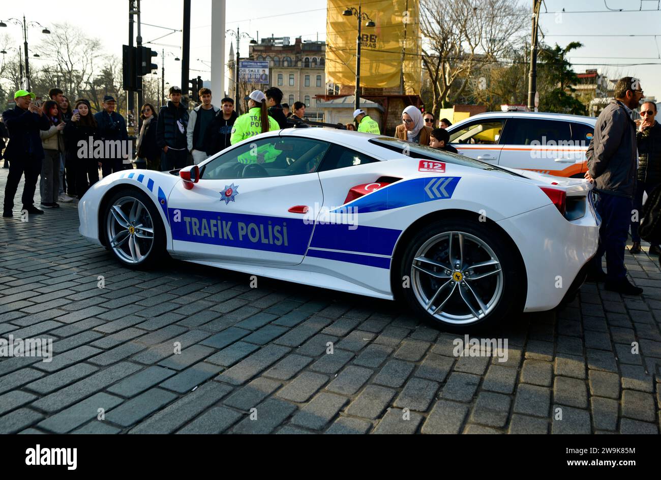 Ferrari Police car, supercar. Ferrari seized from criminal organizations became police car Ferrari 488 GTB   Istanbul Sultanahmet Square 12 27 2023 Stock Photo