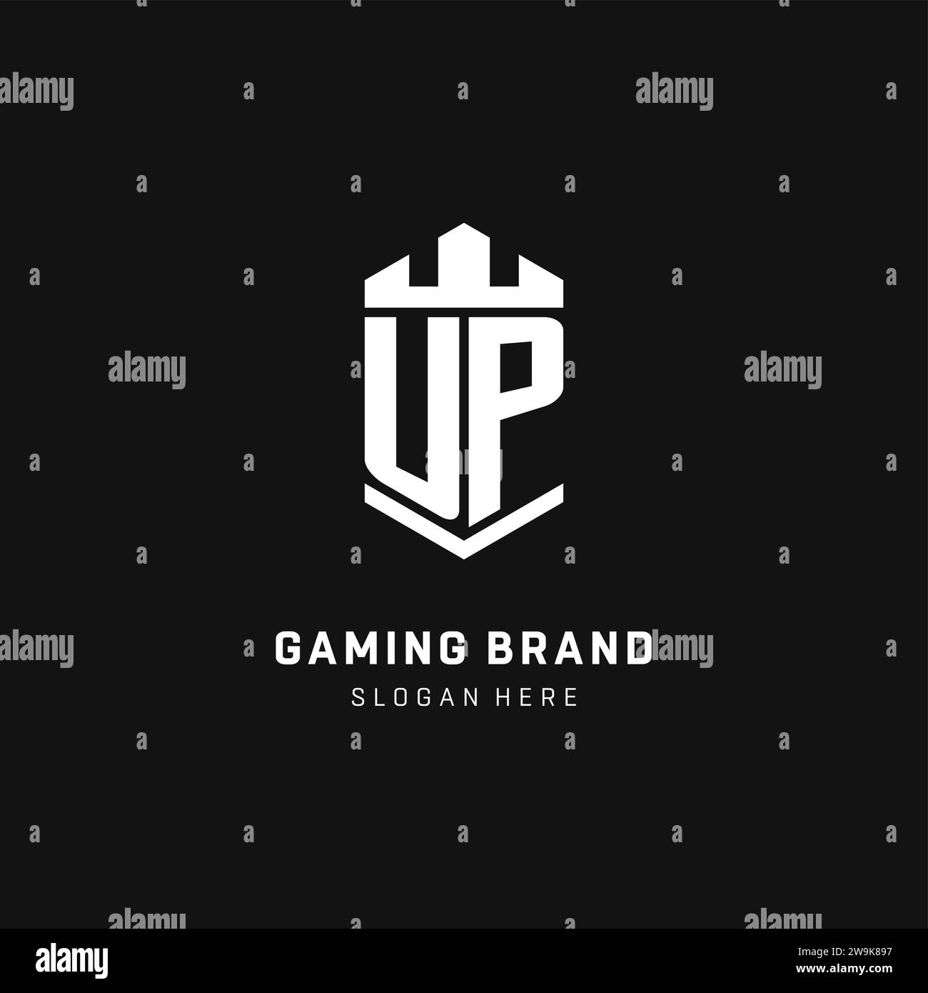 UP monogram logo initial with crown and shield guard shape style vector graphic Stock Vector