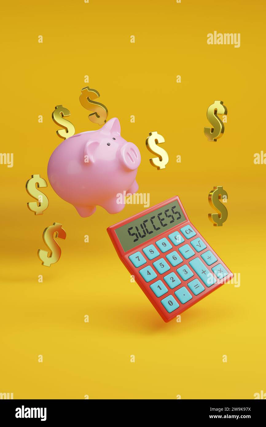 Calculator with the word success on the screen next to a piggy bank and dollar signs. 3d illustration. Stock Photo