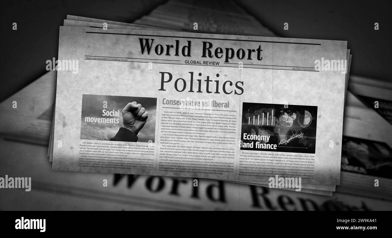 Politics vintage news and newspaper printing. Abstract concept retro headlines 3d illustration. Stock Photo